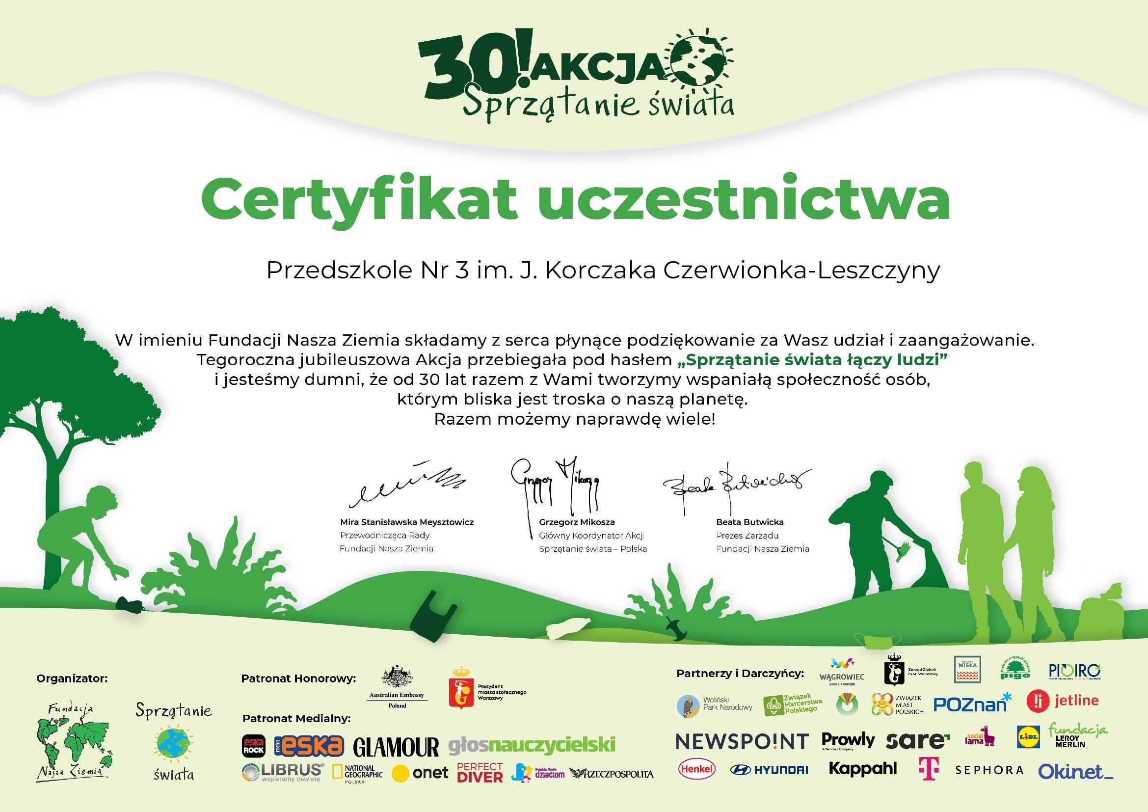 certyfikat uczestnictwa w akcji sprzątanie świata