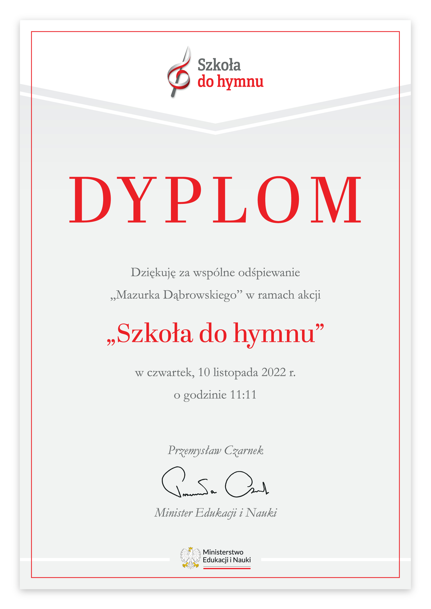 Dyplom Biura Ministra Ministerstwa Edukacji i Nauki 